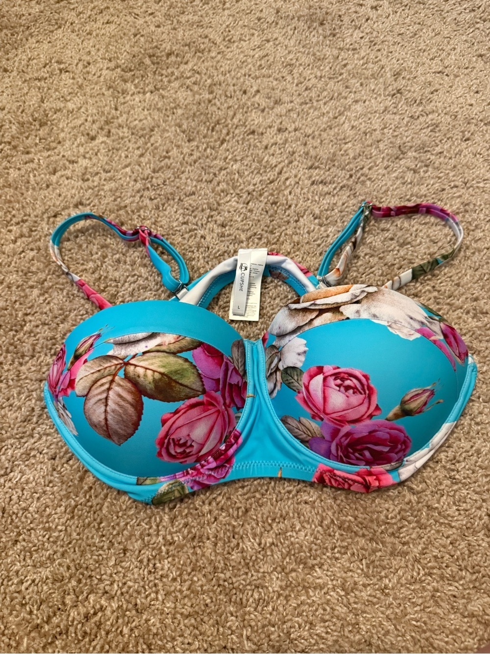 Cupshe | Turquoise Floral Underwire Push-Up Bikini Top | Size L